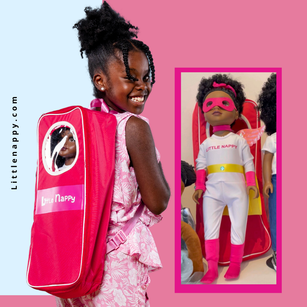 La poupée afro Little Nappy - l'héroïne des livres et du dessin animé sur YouTube à partir de 4 ans avec son sac transportable rouge pour l'emmener partout ! !