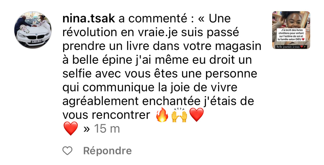 Commentaire Instagram de nina.tsak : une révolution, je suis passée prendre un livre dans votre magasin à Belle Épine, vous êtes une personne qui communique la joie de vivre.