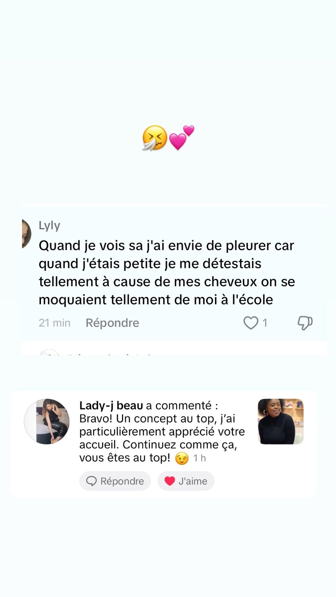 Commentaire d'une lectrice sur le Tome 1 Little Nappy : « Quand je vois ça j'ai envie de pleurer, car quand j'étais petite je me détestais tellement à cause de mes cheveux, on se moquait tellement de moi à l'école »