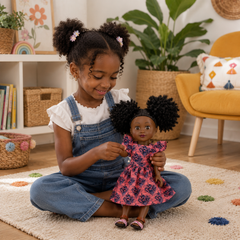 Petite fille assise avec sa poupée noire Little Happy aux cheveux afro dans sa chambre