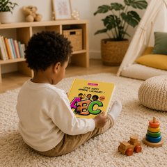 Enfant noir assis sur un tapis qui lit l'imagier Little Nappy apprend l'alphabet, dès 2 ans