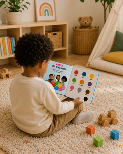 Enfant noir qui lit l'imagier Little Nappy apprend les couleurs dans sa chambre, dès 2 ans