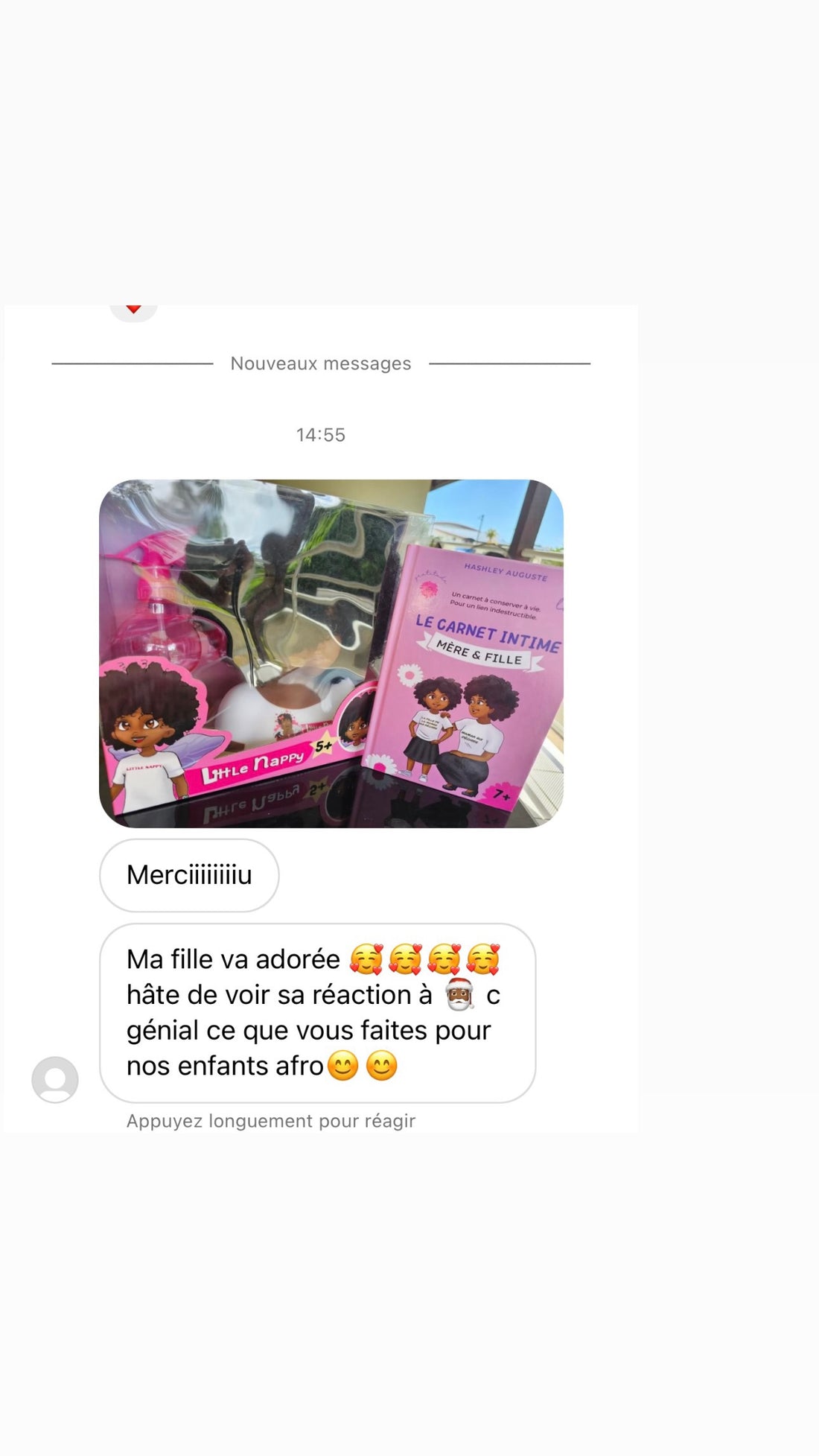 Message reçu d'une maman sur le carnet intime mère-fille Little Nappy : « Merci, ma fille va adorer, hâte de voir sa réaction, c'est génial ce que vous faites pour nos enfants afro »
