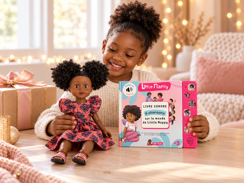 Pack Éveil 3-5 ans Little Happy — poupée noire 46 cm + livre sonore bilingue