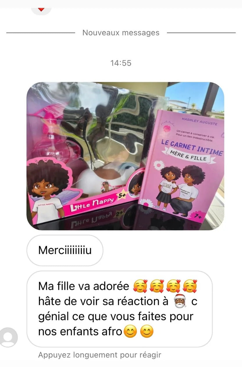 Message d'une maman après réception de la tête à coiffer et du carnet intime : « Ma fille va adorer, hâte de voir sa réaction. C'est génial ce que vous faites pour nos enfants afro »